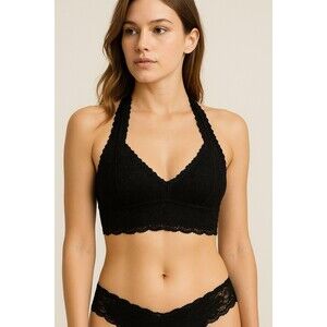 Free People Intimately Black Lace Halter Bralette Size Large Razor Style Back